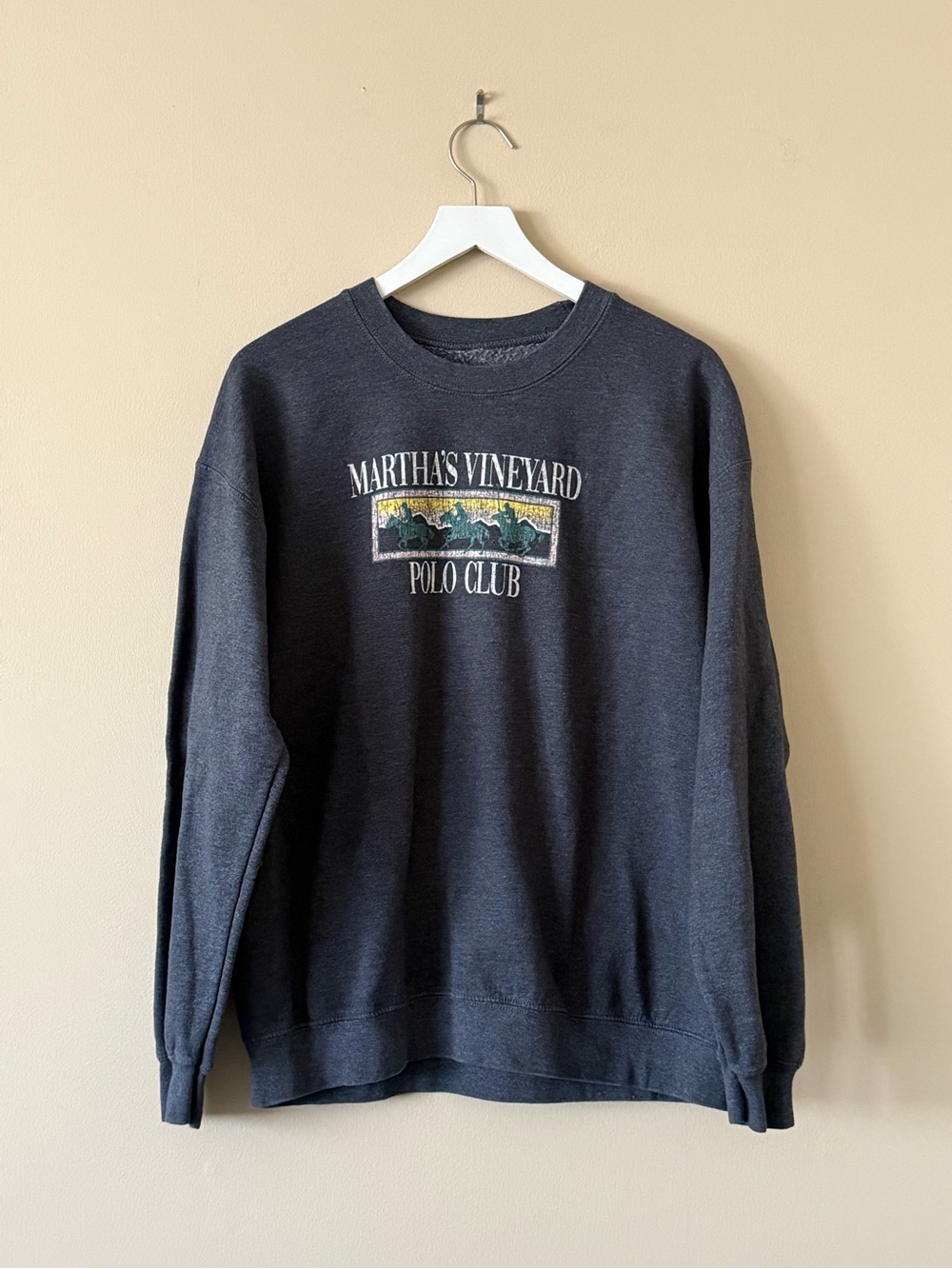Vintage Martha's Vineyard Polo Print Fleece Crewneck Sweatshirt Gray Medium